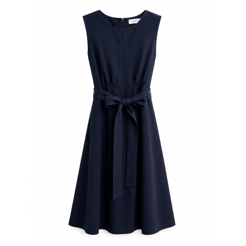 Lark & Ro Navy Fit Flare Dress Belted Sleeveless Midi Career Office Chic Preppy